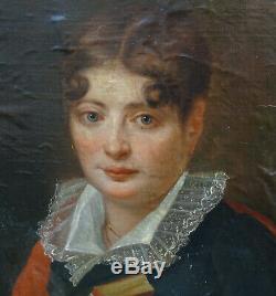 Valentini Portrait de Femme Epoque Ier Empire Huile sur Papier Marouflé XIXème