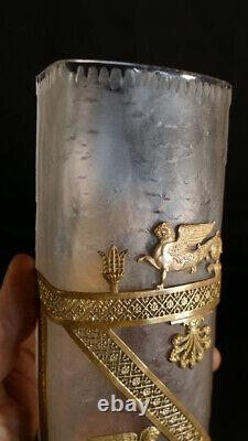 Vase D'époque Charles X En Verre Givré Et Bronze Ciselé Et Doré, époque XIX ème
