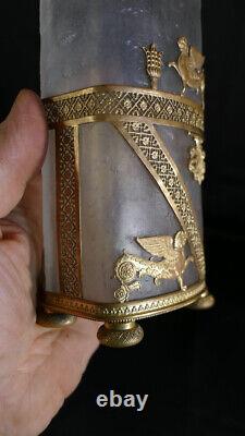 Vase D'époque Charles X En Verre Givré Et Bronze Ciselé Et Doré, époque XIX ème