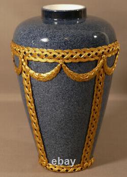 Vase En Faïence Bleu Gris Moucheté Granit Et Bronze Doré, époque XIX ème