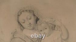 Vierge à l'Enfant, Dessin Au Crayon époque XIX ème